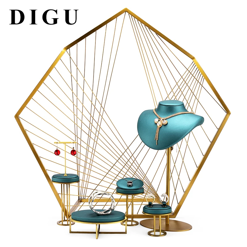 DIGU Metal+leather jewelry display stand set ring necklace ear stud earring pendant custom luxury jewelry display stand