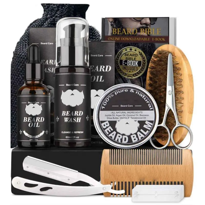 Custom Packaging Beard Grooming Straight Razor Shea Butter Mens Beard Care Kit