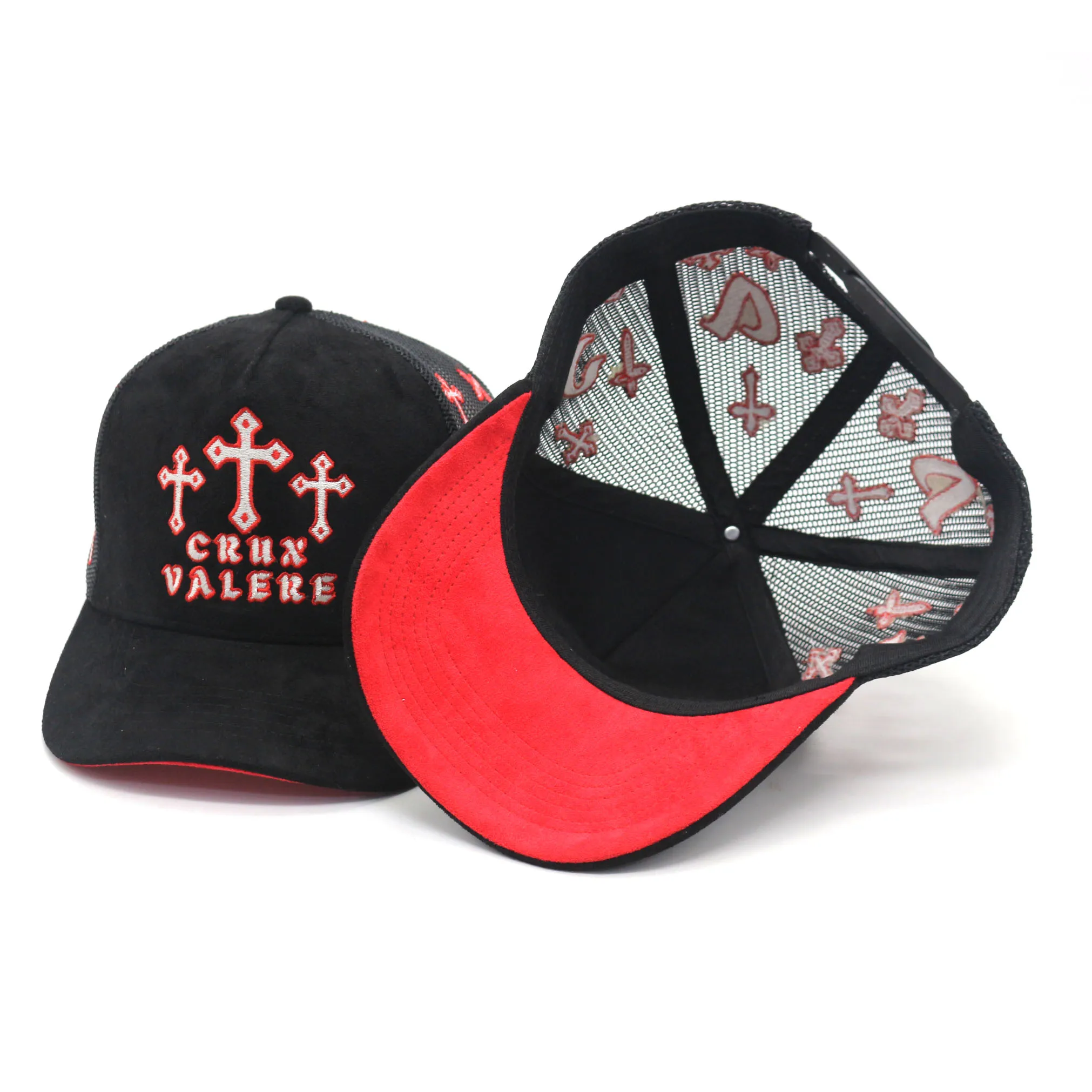 high quality customized all over embroidery  5 panel mesh suede trucker hat wholesale
