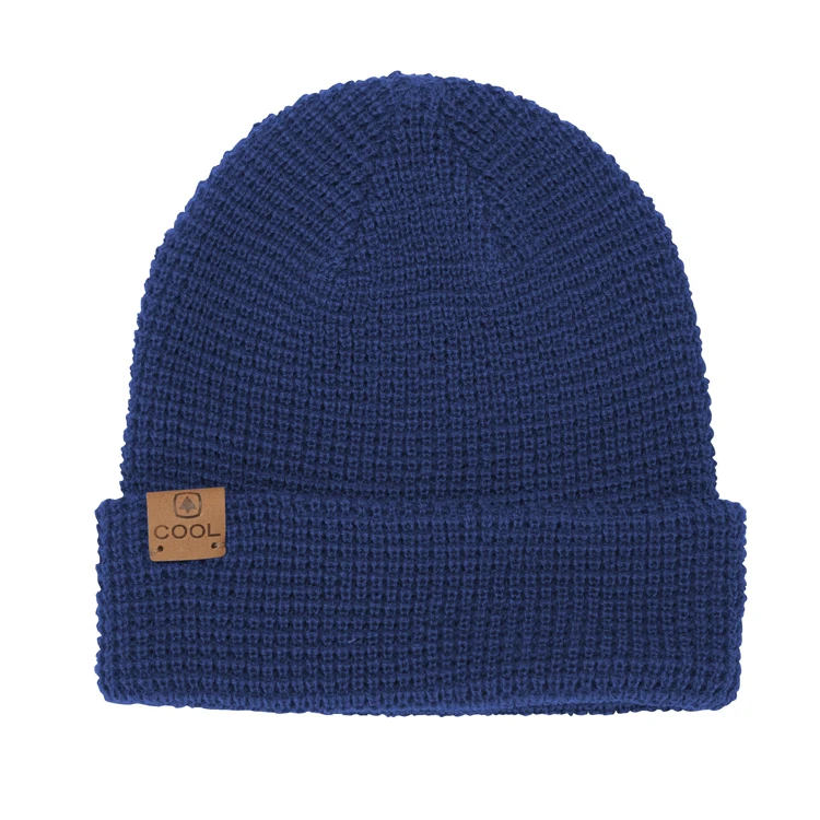 Wholesale Custom High Quality Cheap Leather Patch Logo Waffle Knitted Beanies Hats