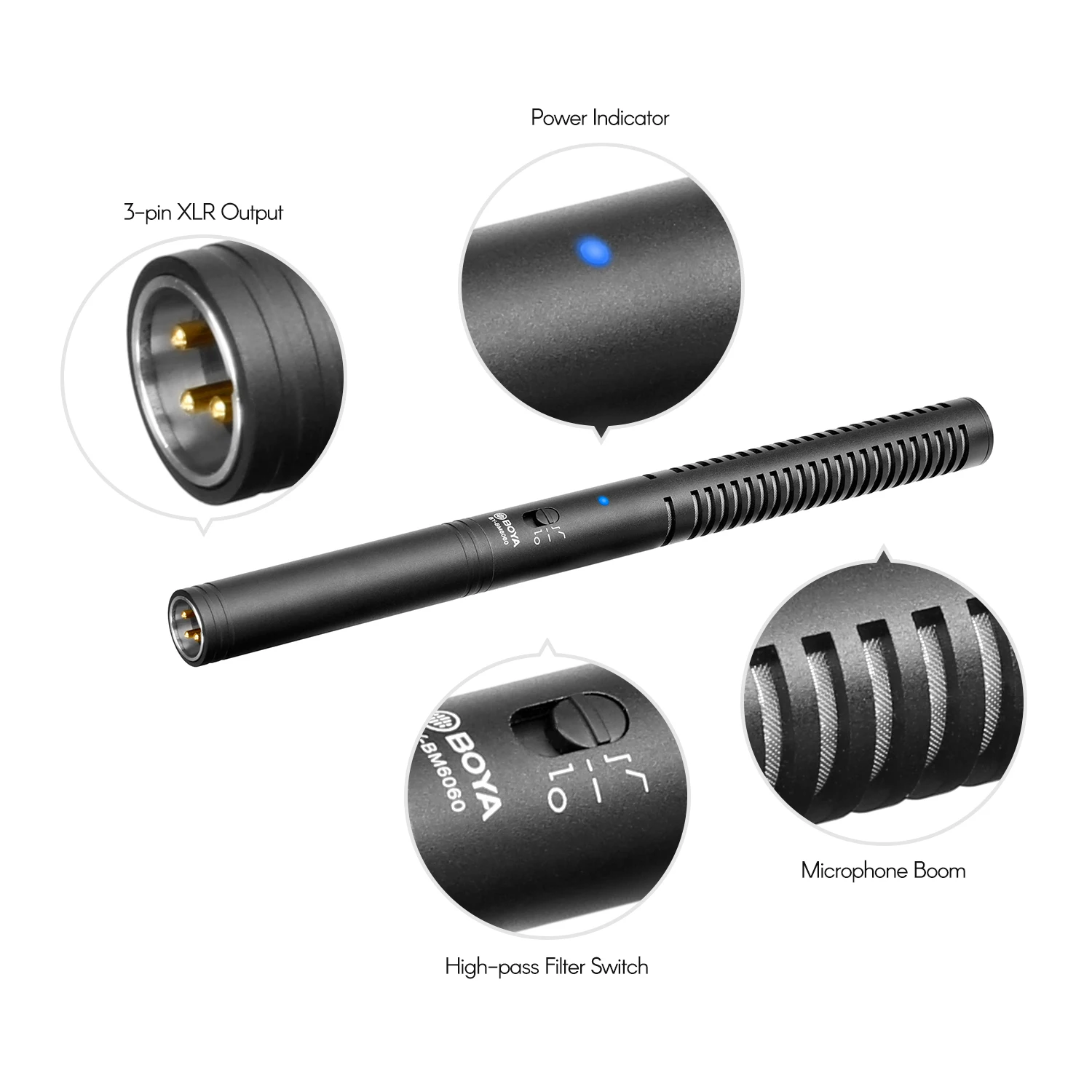 BOYA BY-BM6060 Super-cardioid Condenser Microphone 60Hz-20000Hz 3-pin XLR Frequency Support Battery or Phantom Power Supply
