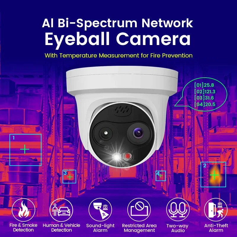 Human & vehicle detection thermal eyeball camera strobe light audio alarm thermal & optical Bi-Spectrum network turret camera