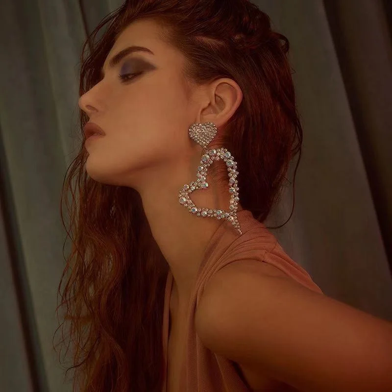 Multi-layer love heart-shaped alloy full diamond with diamond AB color diamond earrings female exaggerated creative earrings