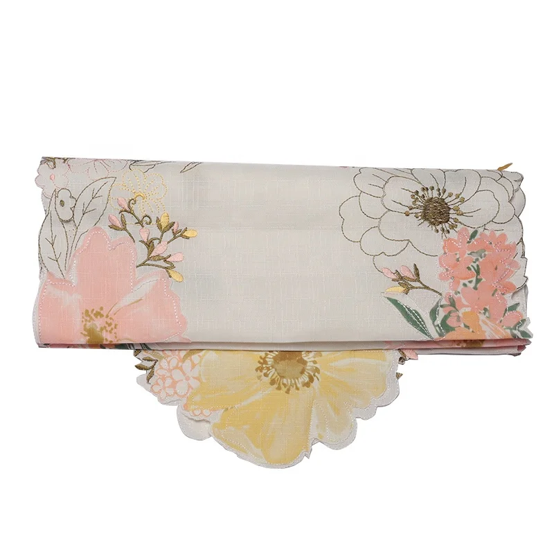 Custom 100% Polyester Fabric Printed And Embroidered Watercolor Flower Table Runner