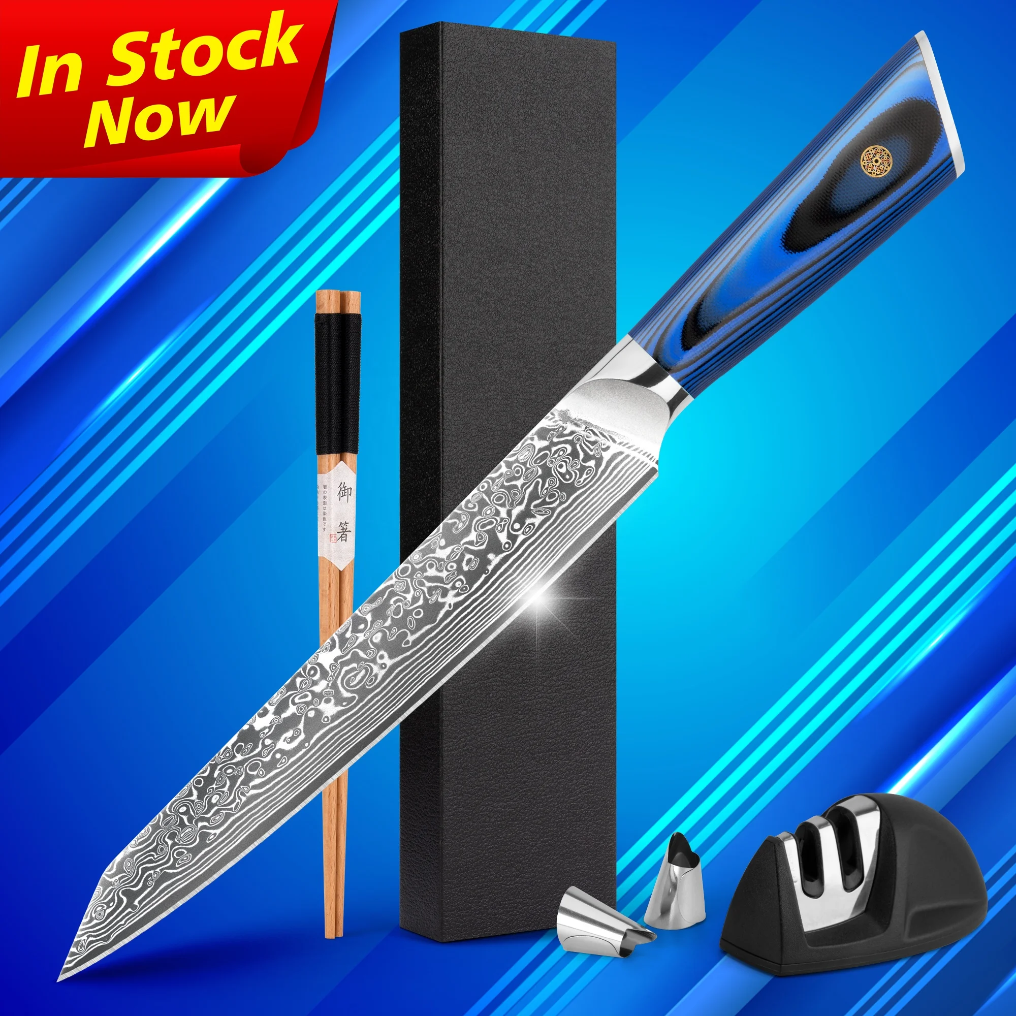 Blue G10 Handle 8 Inch Damascus steel 67 Layers VG10 Japanese Chef Knives Meat Carving Steak Slicing Knife For Amazon