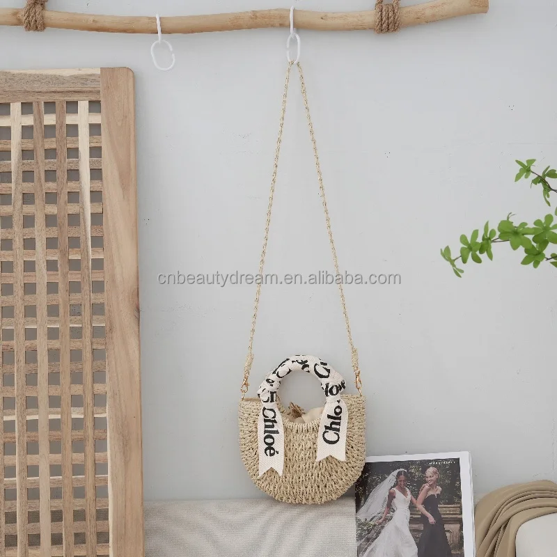 Hot fashion handmade crocheted brown paper straw backpack with cotton rope straps