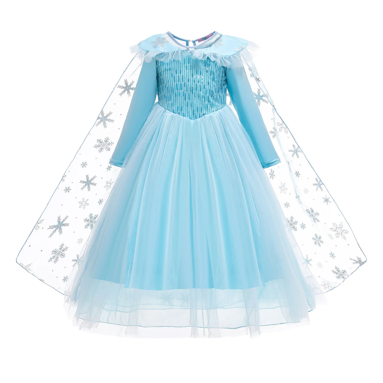 Ice Elsa Blue Princess Dress Birthday Party Girls Short Sleeve Gauze Dress Halloween Explosive Elsa Long Sleeve Dress