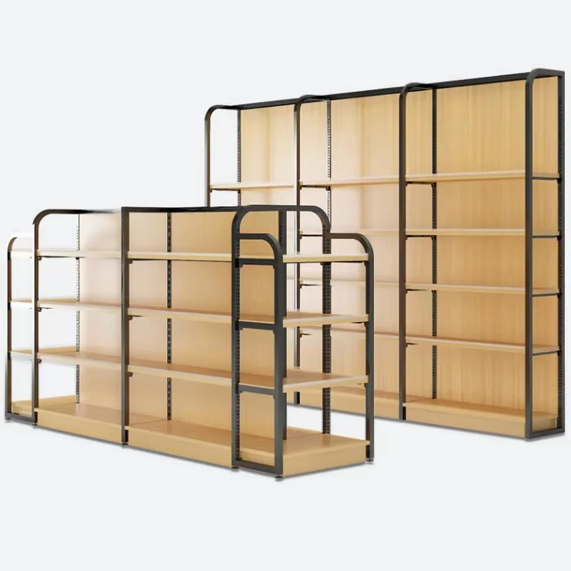 Supermarket Wooden Shelves Black Wood Shelf Gondola Store Equipment Display Counter For Retail Store