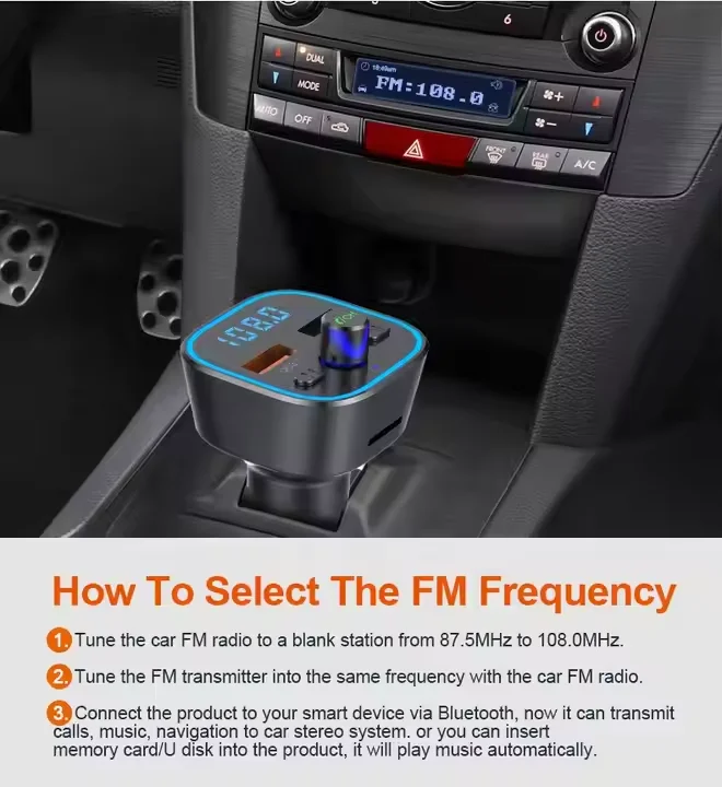 Factory car Bluetooth charger conversion head dual-port blue atmosphere light  FM lossless fast charge mps3 player
