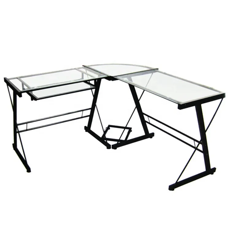 
L-Shaped PC Laptop office home Corner Glass Computer Desk Table 
