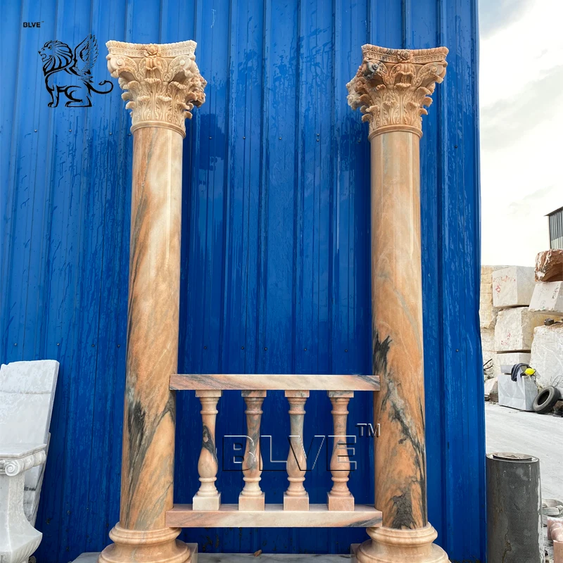 BLVE Large House Villa Office Building Solid Granite Stone Roman Pillar Natural Sunset Red Marble Greek Column