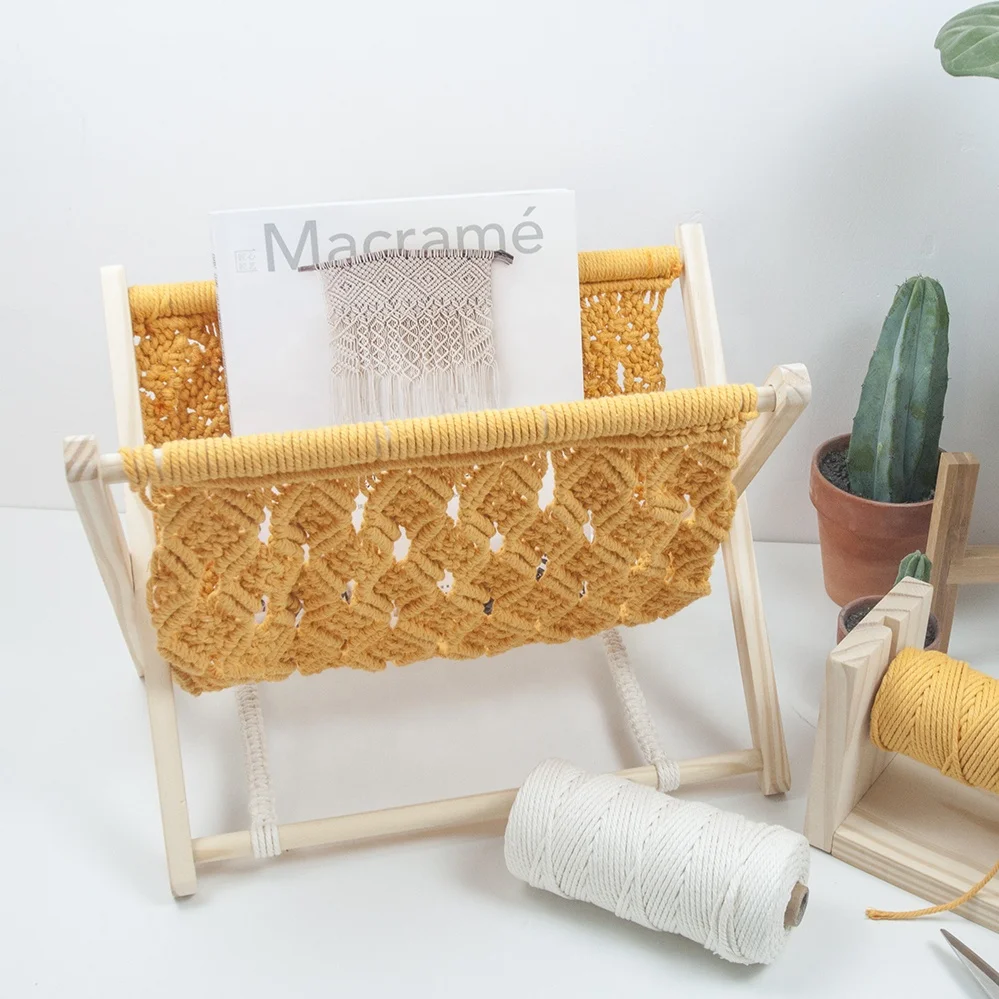 Macrame Magazine wooden  Rack Magazine Holder Storage Basket Standing Rack