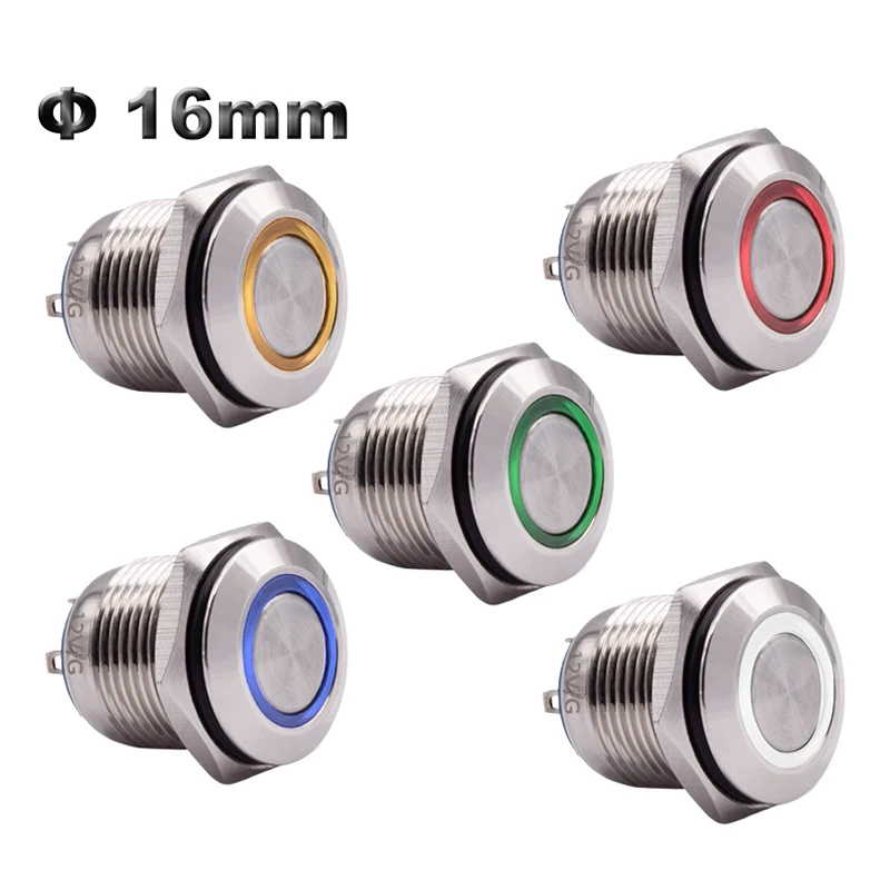 Waterproof Stainless Steel 12 V Momentary On Off Metal Push Button Switch 24V Panel Mount 16mm LED Light Red Blue Green Switch