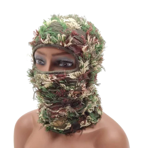 Wholesale Distressed Camo Balaclava Designer Knitted Ski Mask One Hole Knit Full Face Cover Grassy Balaclava Custom Logo