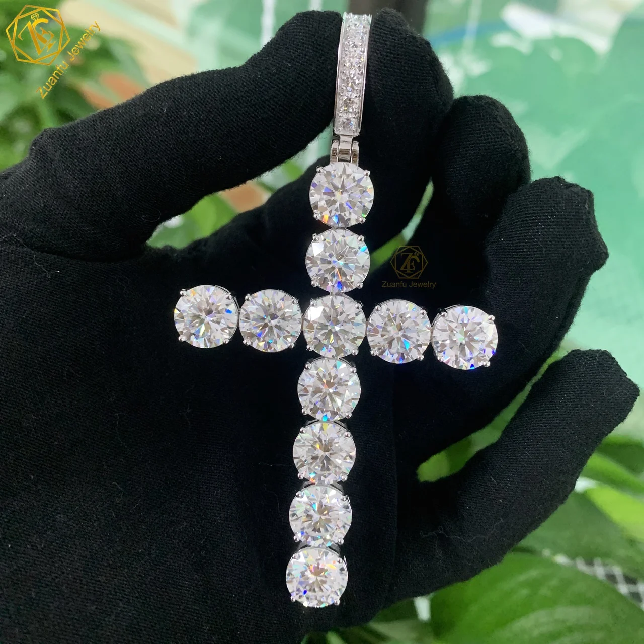 high quality hiphop jewelry 10mm iced out moissanite cross pendant custom gold plated 925 sterling silver necklace