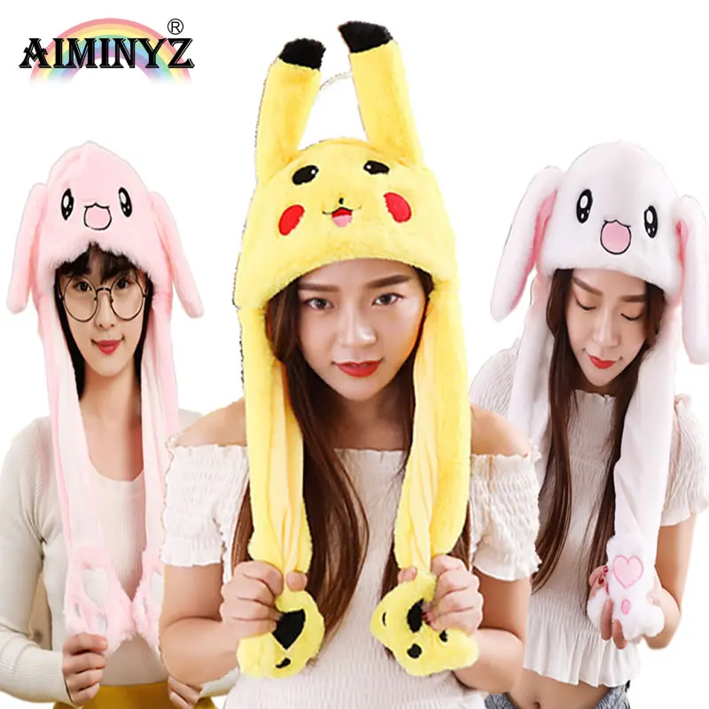 AIMINYZ Cartoon Plush Hat Move Ear Popping Up When Pressing for Adult Children Unisex Festival Gift Jumping Hats Rabbit with LED