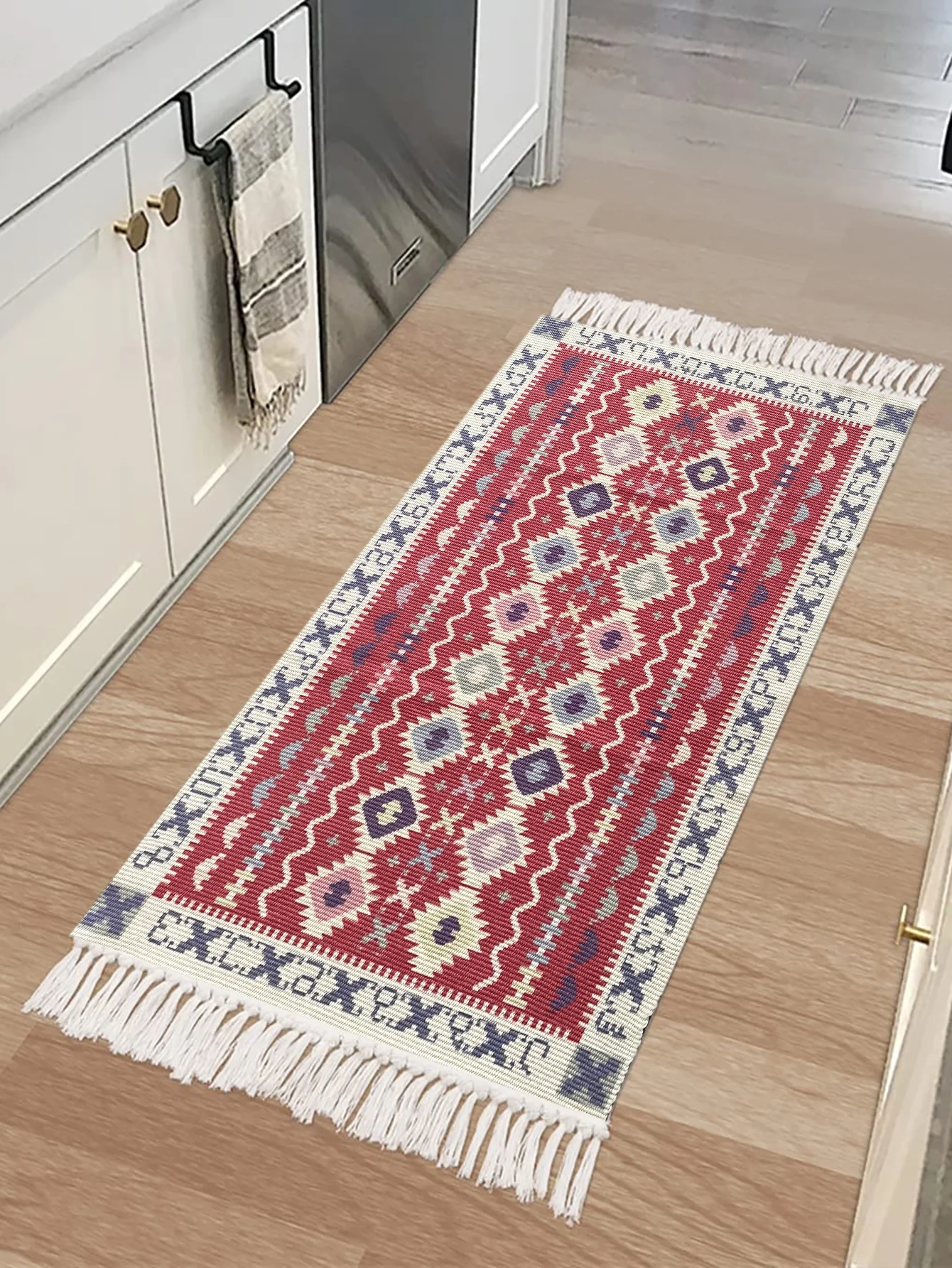 Customized Cotton Printed Boho Kitchen Rugs Decorative washable Rug Hand Woven Accent Floor Mat with tassels for Bathroom