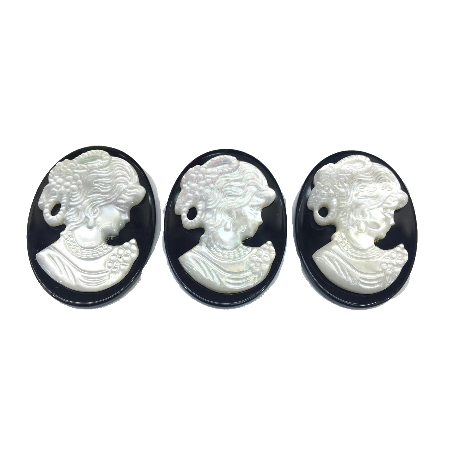 Natural Black Agate Gemstone Oval Flatback Beauty Lady Head Shell Cameo Charm Finding
