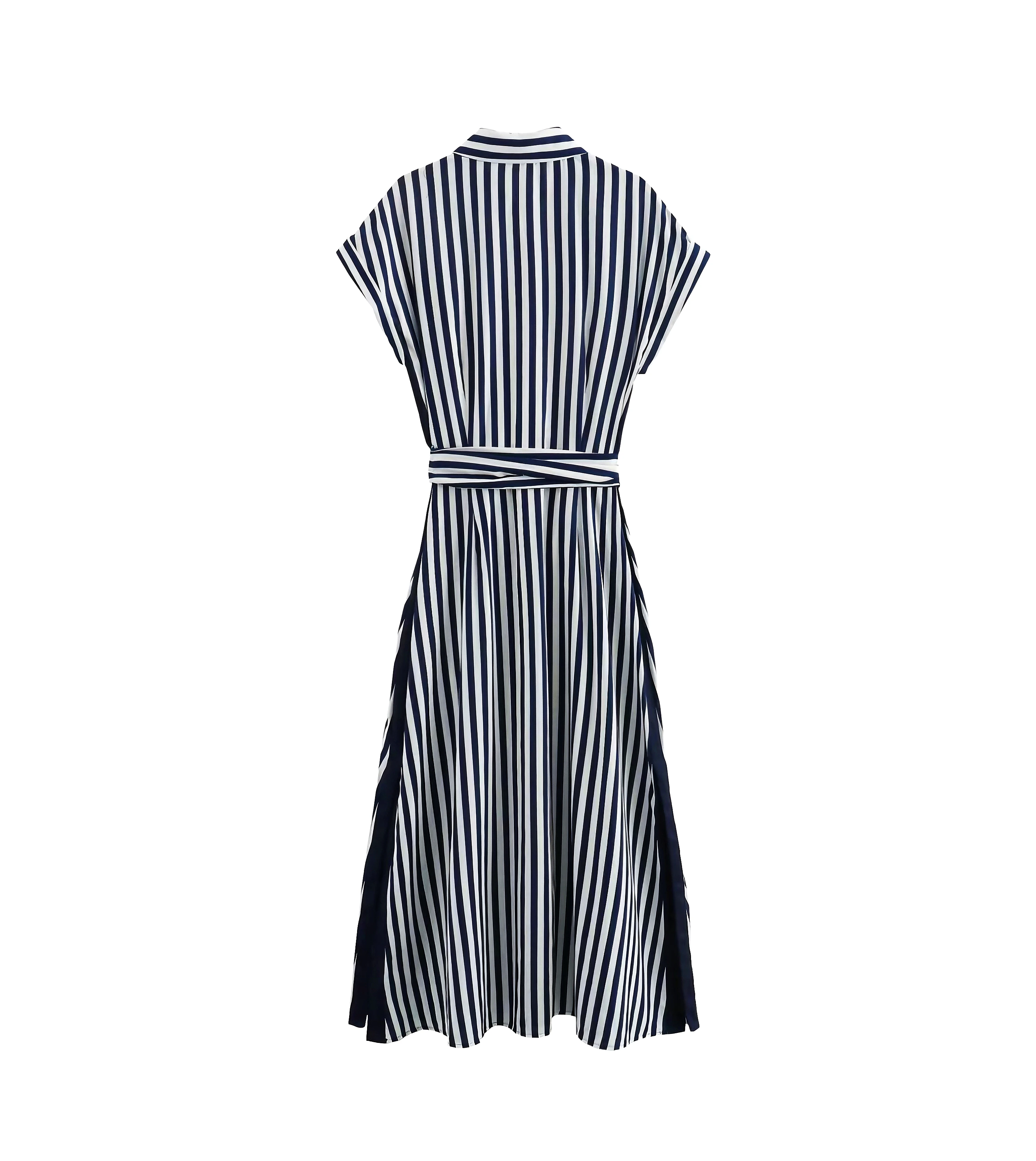 Turn down collar striped print sleeveless sashes buttons up casual fashion summer long dress for women