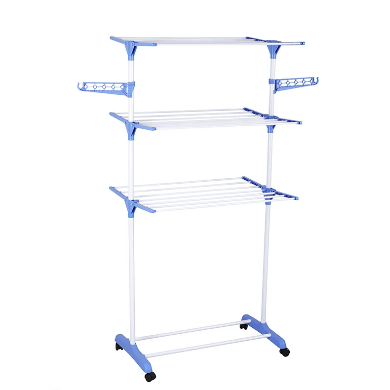 Wheels Steel Laundry Foldable 3 Tiers Metal Tower Home Hanger Standing Airer Clothes Drying Rack