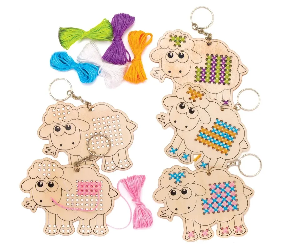Fluffy Sheep Wooden Cross Stitch Keyring Kits, Wooden Templates with Bright Coloured Wool for Craft Key Chains (5 Pack)