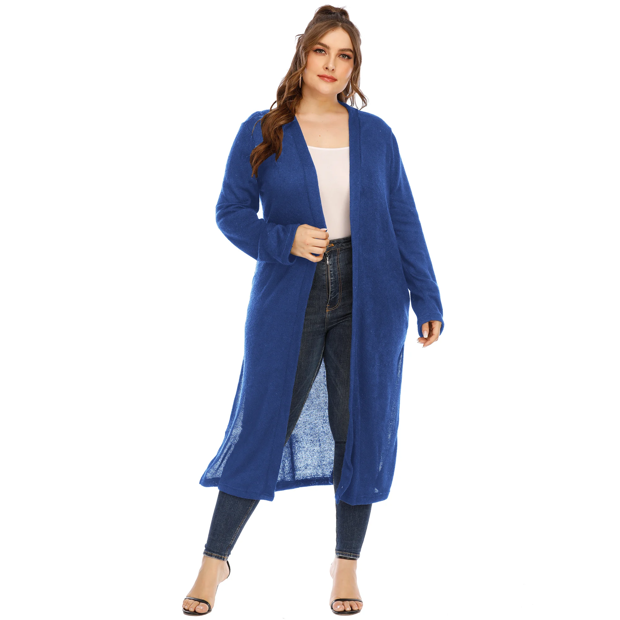 Custom Plus Size Women Clothing Long Sleeve Open Front Midi Cardigan Sweater Coat with Slit