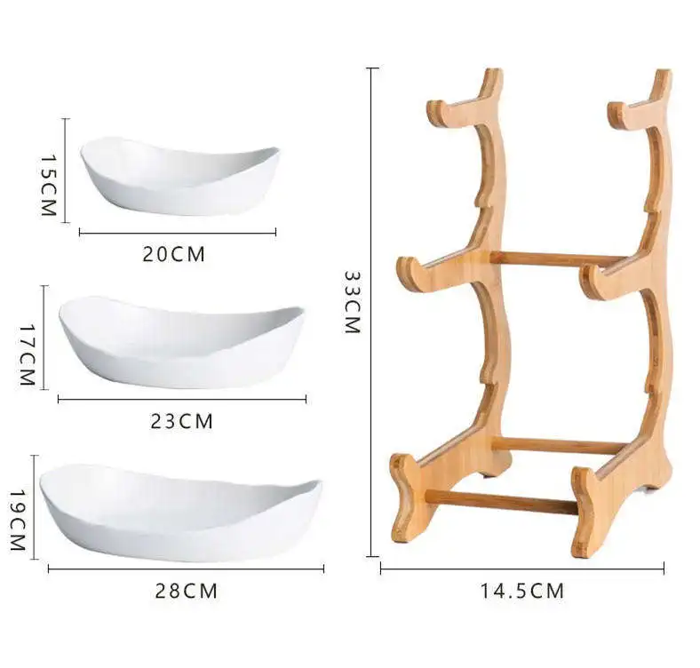 2023 Hot Sale New 3 Layers Bamboo Wood Frame Ceramic Fruit Plate Dish With Drawer