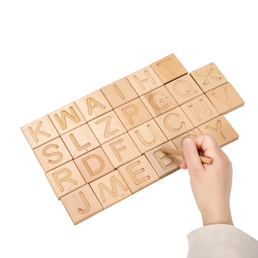 wholesale montessori abc letters solid wood alphabet puzzles wooden alphabet tracking board with learning flash cards