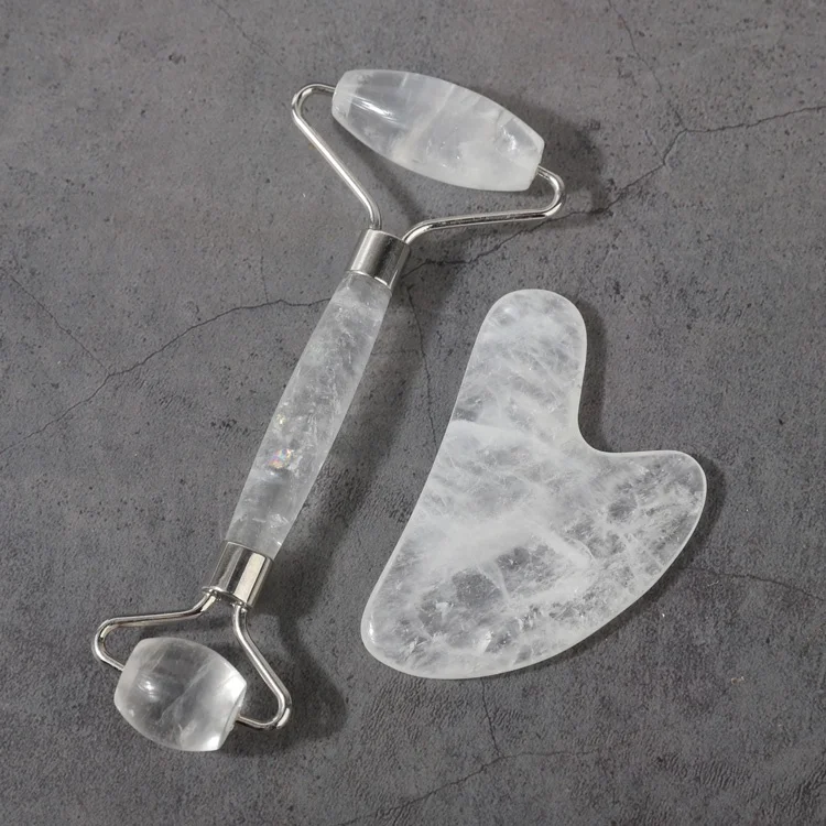 
Natural Clear Jade Gua Sha Massage Crystal Quartz Face Roller With Box 