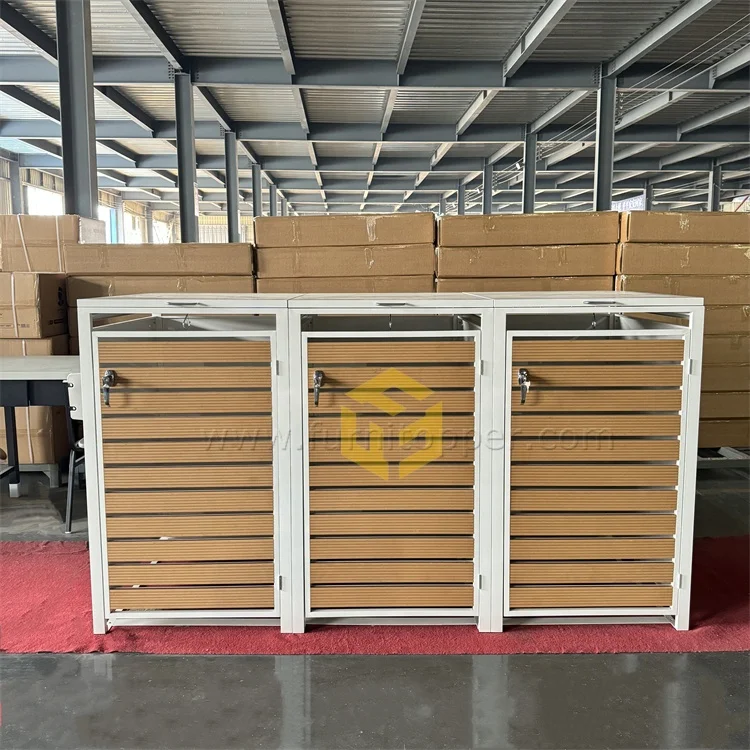 Wood Grain Door Metal Trash Can Shelter Cabinet Galvanized Steel Wheelie Bin Shed Box with Folding Lid