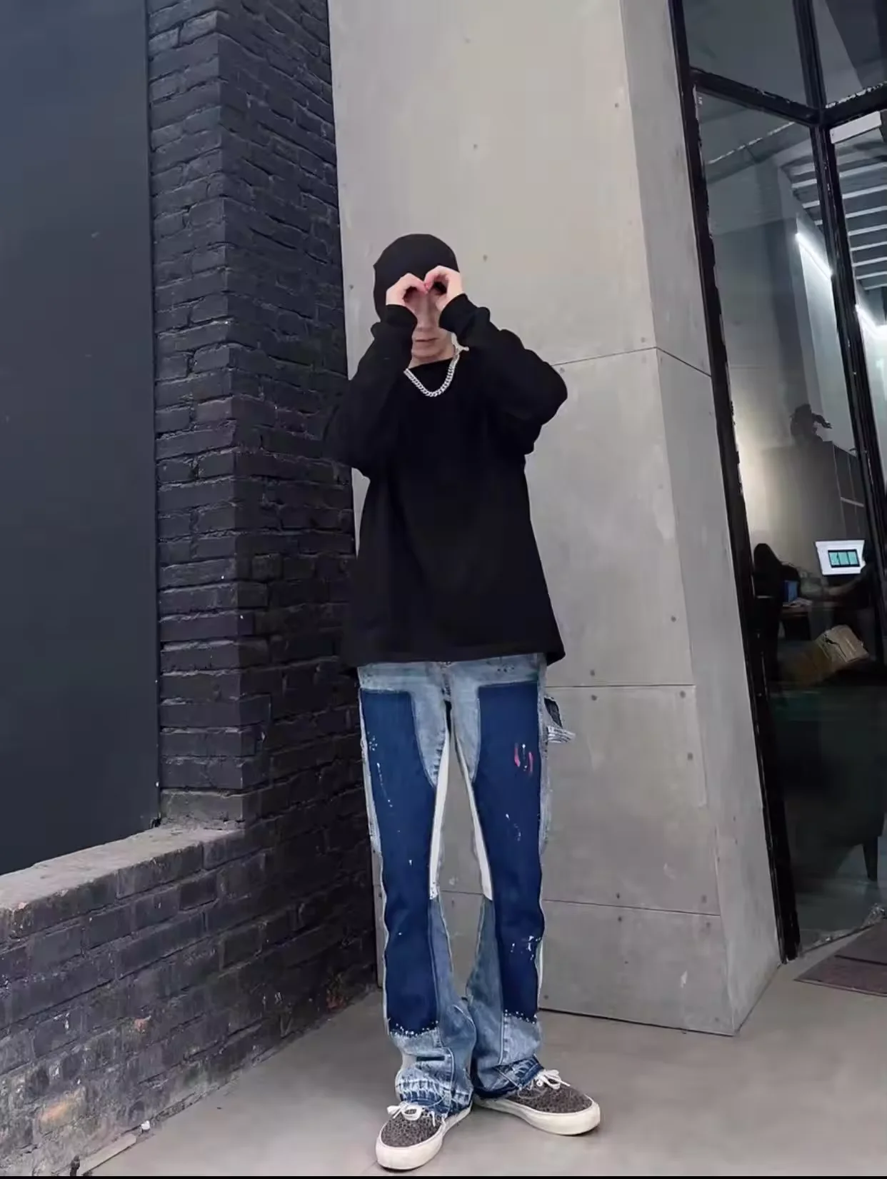 Custom streetwear baggy selvedge denim pants Graffiti painting vintage custom jeans men flared pants mens jeans fitting skinning