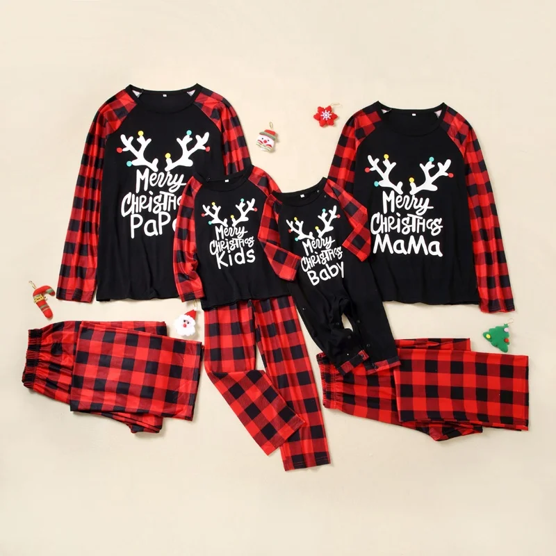 Family Matching Christmas cotton blank Pajamas Set Holiday deer horn pattern Sleepwear Xmas PJS for men women Kids and baby