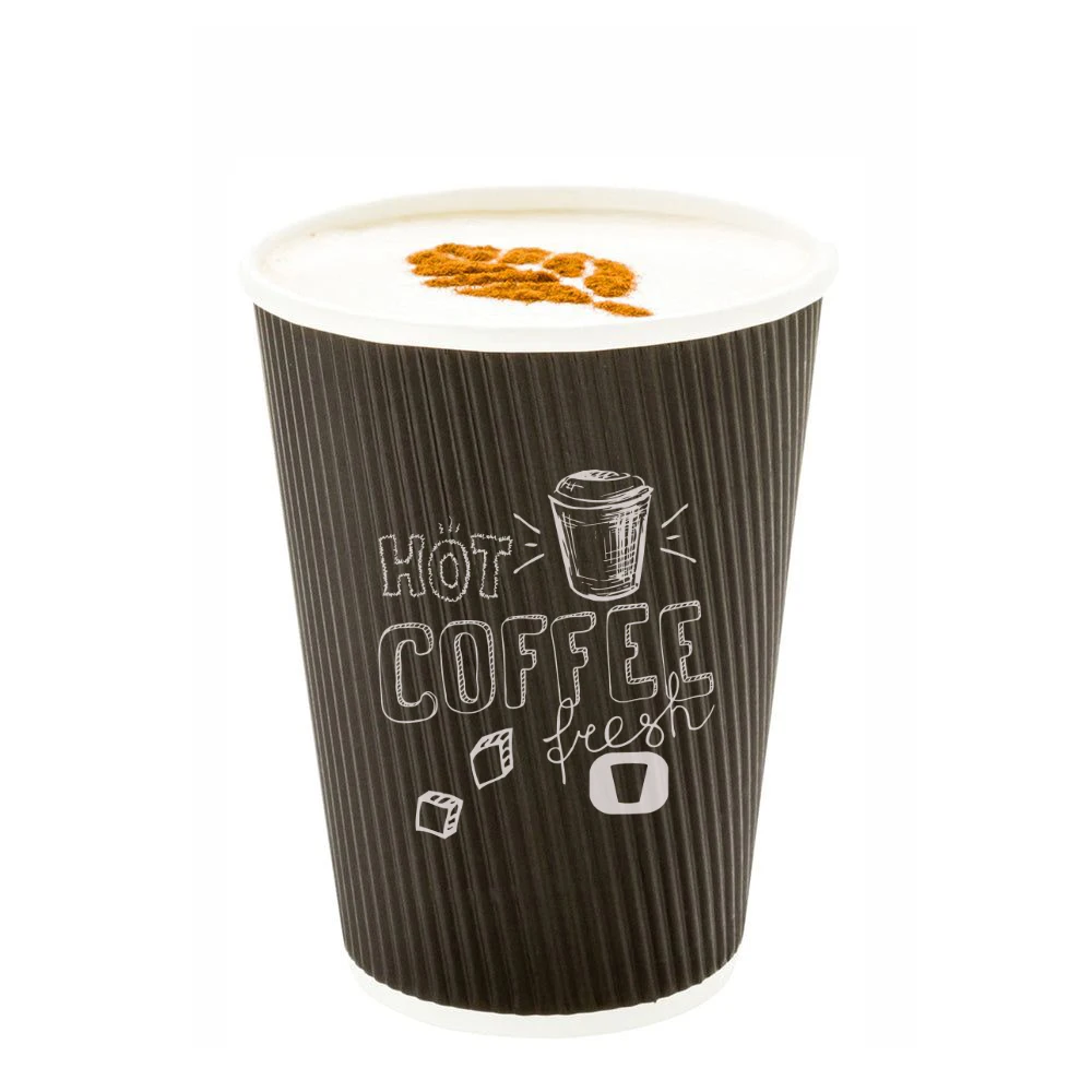 LOKYO Bio-degradable pla takeaway black 8oz 12oz 16oz ripple double wall paper cup disposable hot paper coffee cup with lids