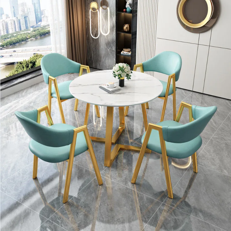 1desk 4 Chair Dining Room Set Hotel Furniture Restaurant Cafe Shop Leisure Reception Round Table Leather Chair