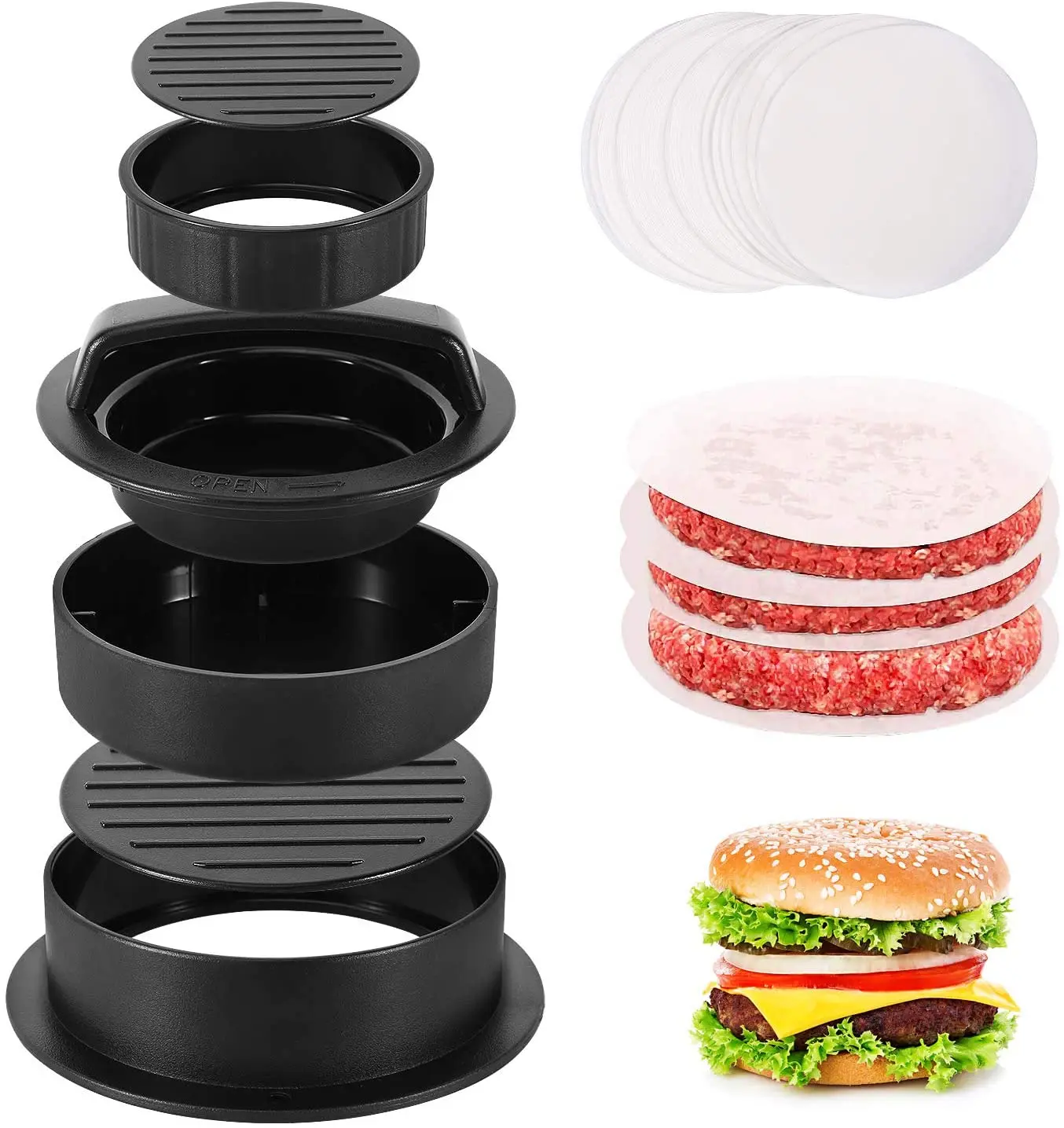 Black 3 in 1 Burger Press, Plastic Durable Hamburger Press Patty Stuffed Burger Maker with 100ps Burger Paper (1600266783652)