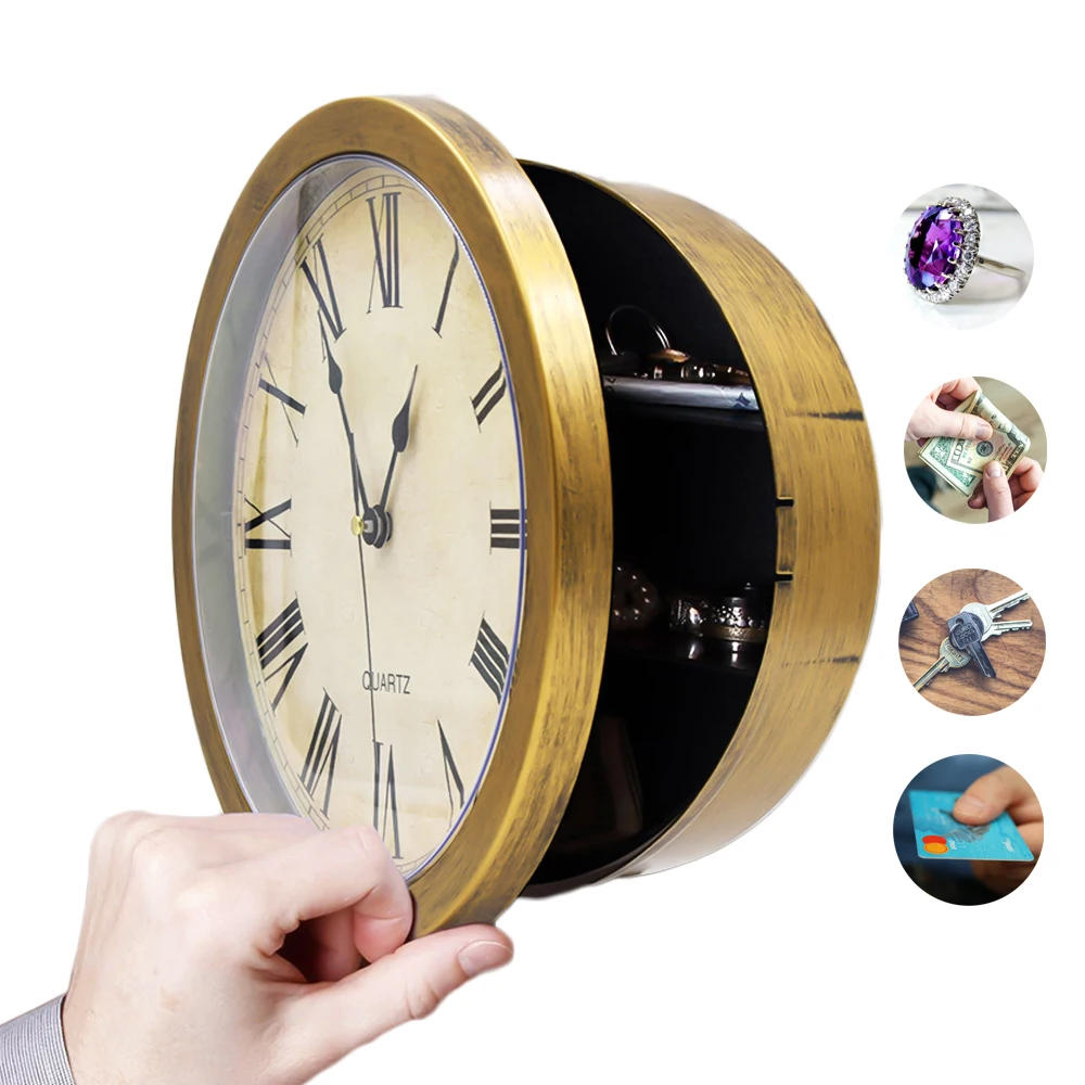 Retro Roman Numerals Clock with Safe Wall-Mounted Hanging Cash Money Jewelry Hidden Storage Box Wall Clock