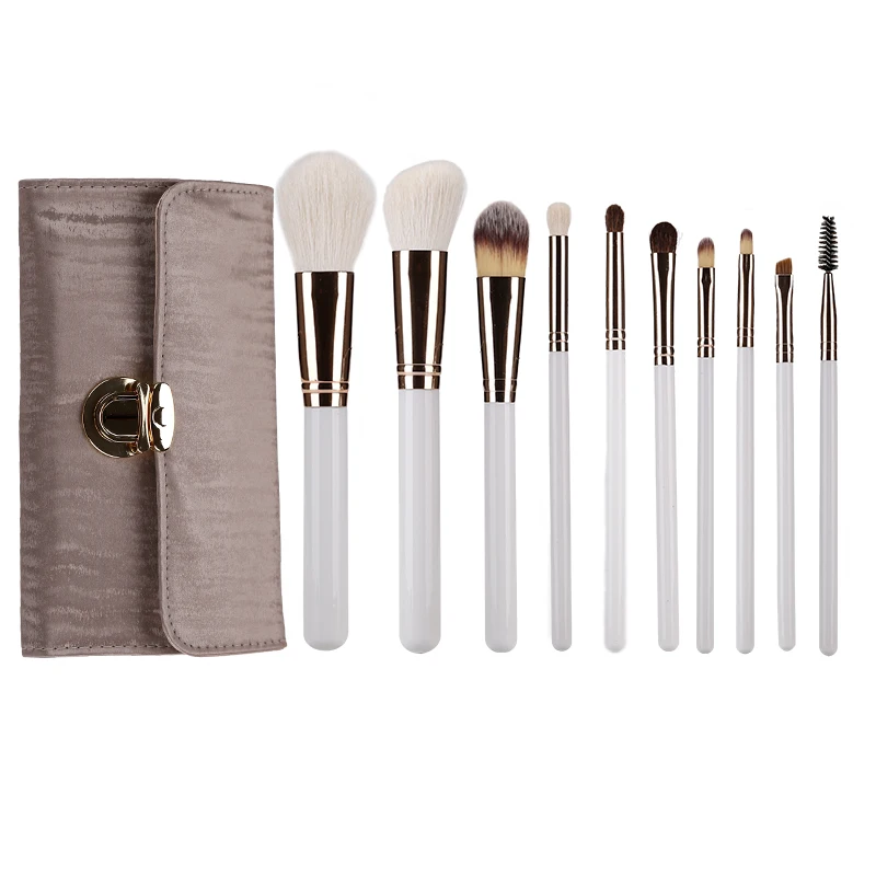 Superior-quality Natural Hair Makeup Brushes 10 Pcs White Silver Makeup Brushes with Makeup Bag
