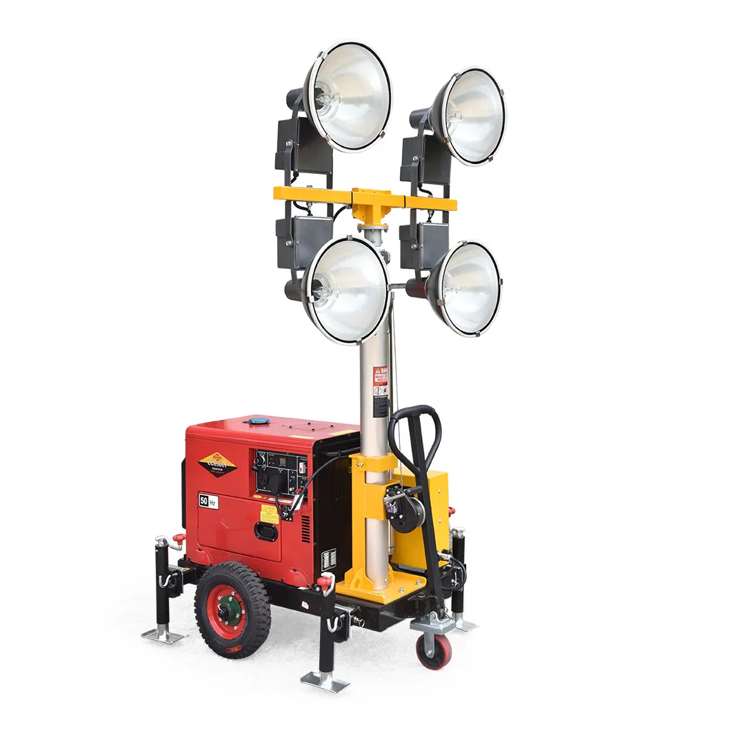 Mobile diesel light tower with 5 kw generator easy to deploy