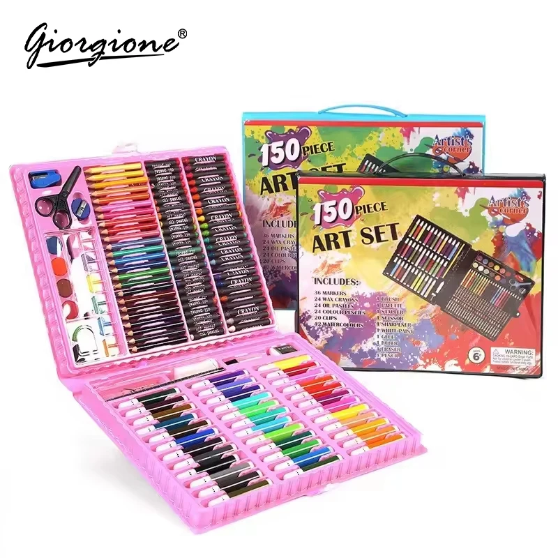 Giorgione 150 pcs Black Pink Blue Color Packing Crayon Water Color Pen Set Pencil Oil Drawing Art Set For Kids Supplies