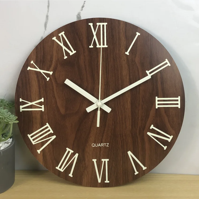 EMAF Custom DIY 12 inch fluorescence night light wall clock decorative wooden luminous wall clock silent movement wall clock