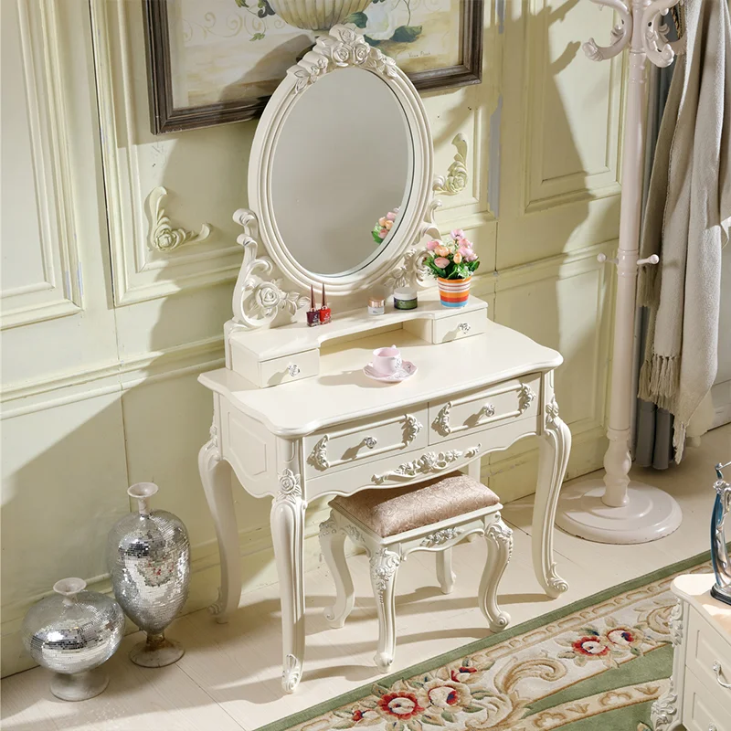 Bedroom Furniture Luxury Classic White Wooden Mirrored Dresser Makeup Vanity Dressing Table with Drawers