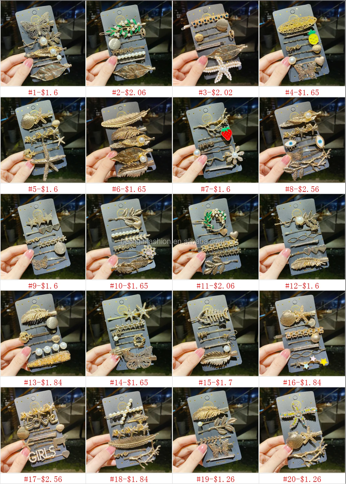 BELLEGIRL Custom fashion gold plated leaf butterfly hair pins accessories metal duck bill starfish eye hair clips set for women