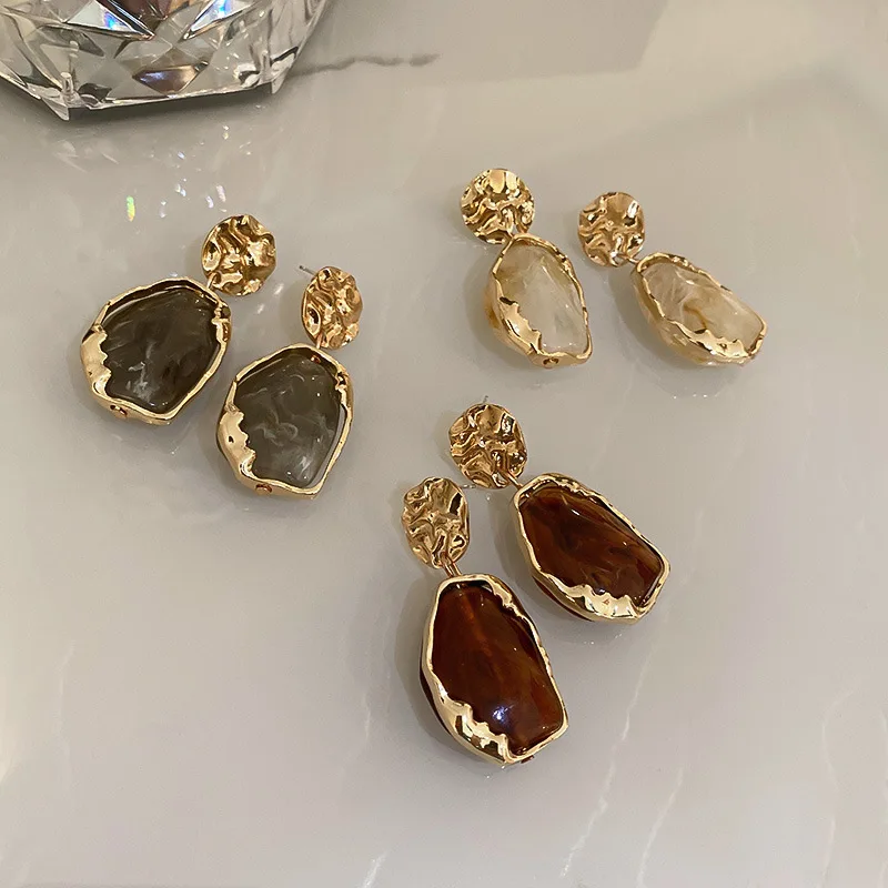 Korean retro earrings 925 silver needle geometric irregular resin personality all-match temperament earrings
