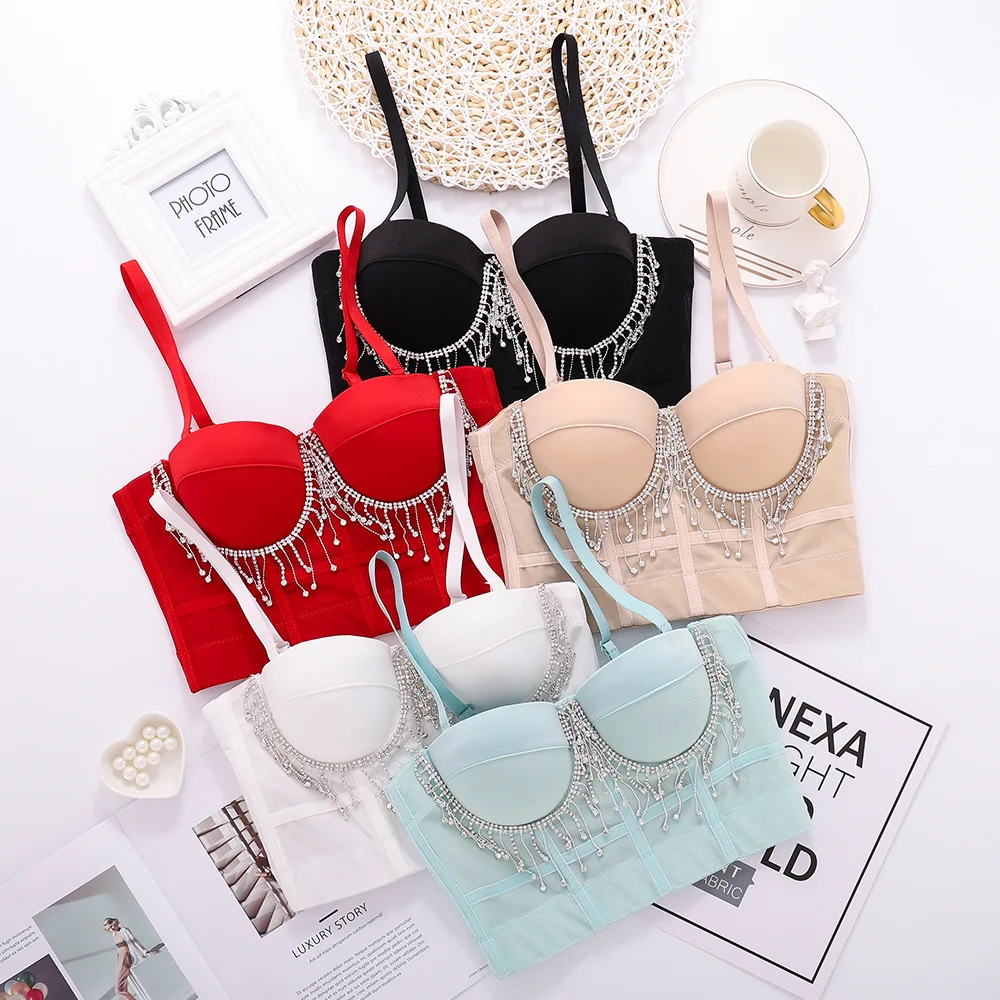 Wholesale hot sell sexy rhinestone tassel chain short tight bra for club party.
