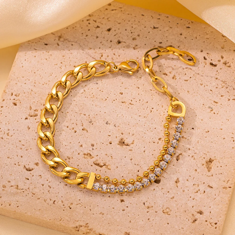 Cross-border Europe and the United States thick bracelet asymmetrical diamond bead double chain titanium steel hip hop simple