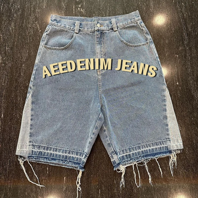 Custom Summer Trousers Patchwork Patch Embroidered Double Knee Baggy Unisex Cargo Jeans Short Pant Denim Shorts For Men