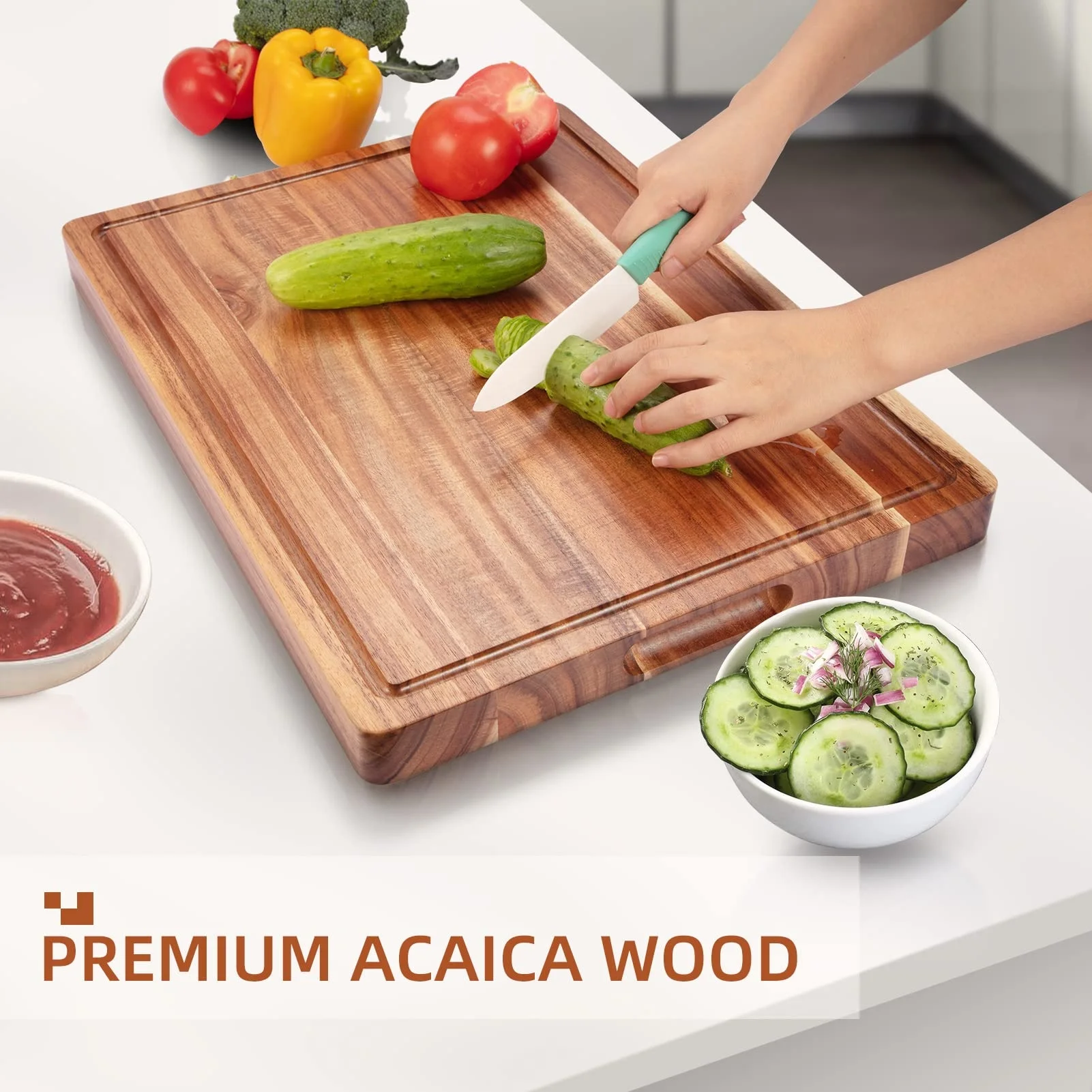 Selling high quality kitchen deep trough wooden meat and vegetable cutting board organic acacia wood cutting board
