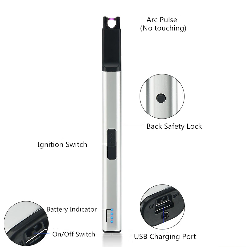 Charcoal Lighting Long USB Rechargeable Plasma Arc Lighter for Kitchen