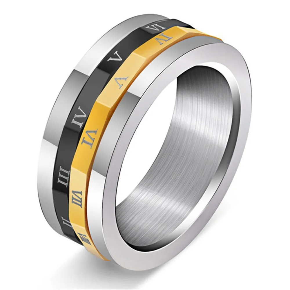 Erkek Yuzuk Stylish Stainless Steel Roman Numerals Rotating Ring for Mens Anti Anxiety Spinner
