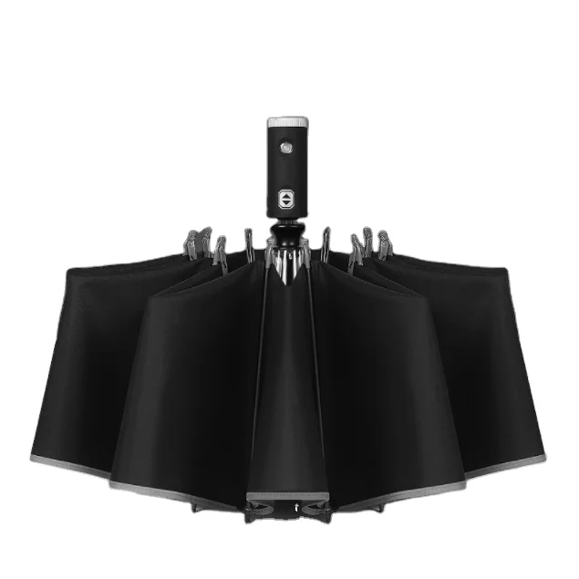 high quality business 3 fold automatic 10 ribs  reflective reverse inverted umbrella with torch